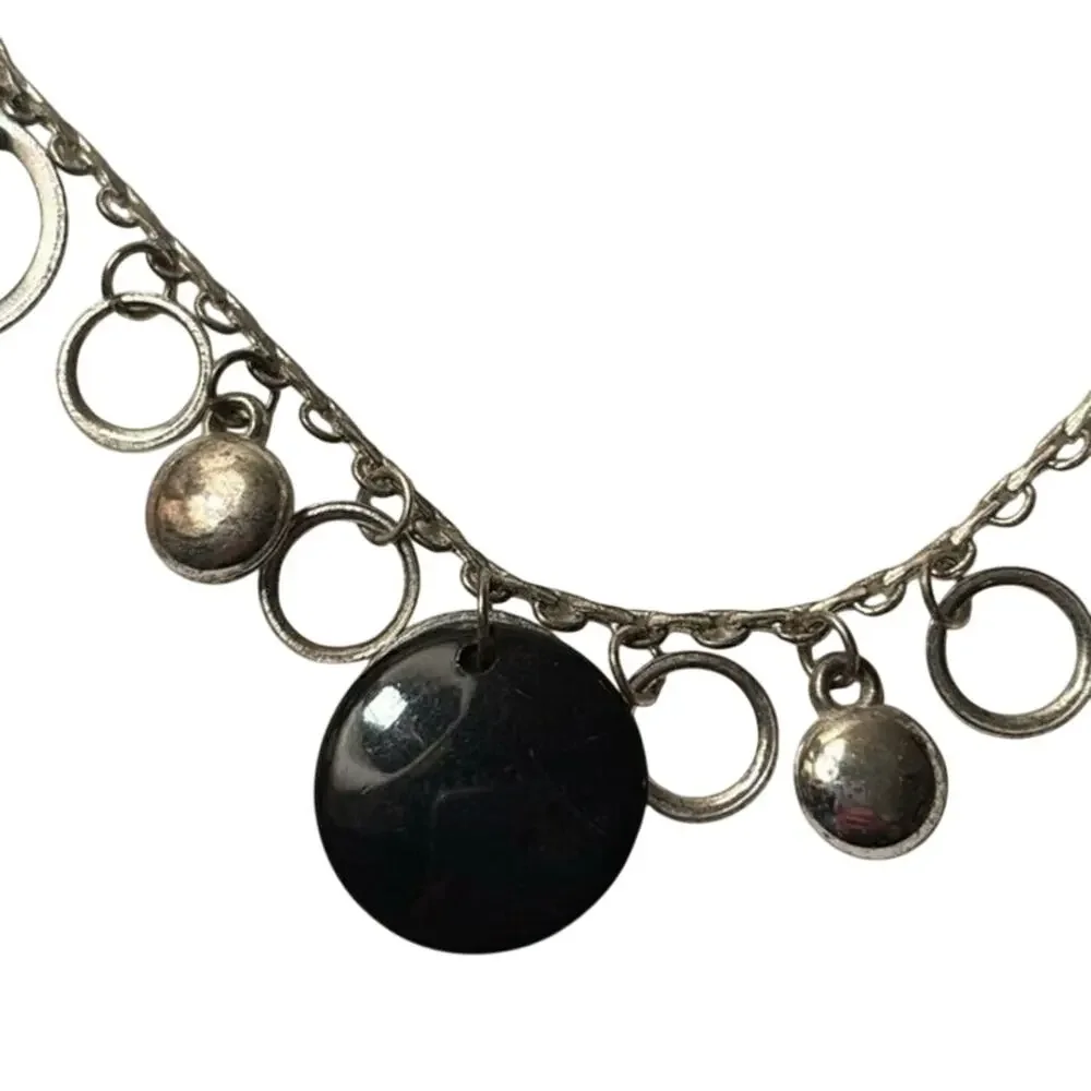 Silver Tone Circle Dangle Necklace Black Beads Modern 16”